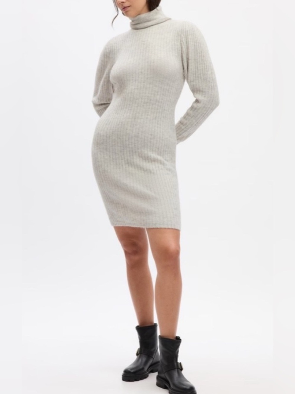 Gap Turtleneck Ribbed Sweater Dress with Puff Sleeves in Light Gray, size Medium